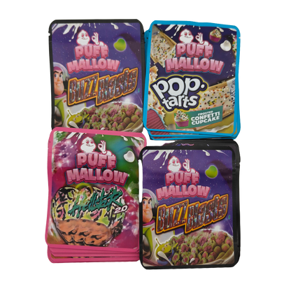 32 Pack - 3.5g Thick Sticker Mylar Bags - Premium Smell Proof Packaging Mix - Puff Mallow Asst