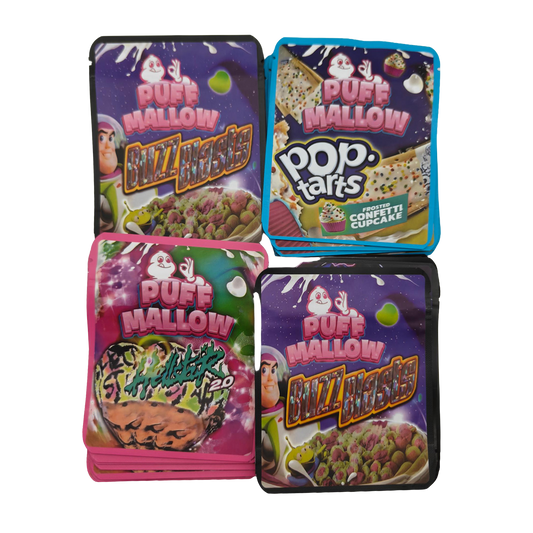 32 Pack - 3.5g Thick Sticker Mylar Bags - Premium Smell Proof Packaging Mix - Puff Mallow Asst