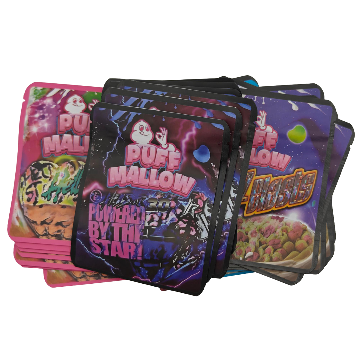 32 Pack - 3.5g Thick Sticker Mylar Bags - Premium Smell Proof Packaging Mix - Puff Mallow Asst