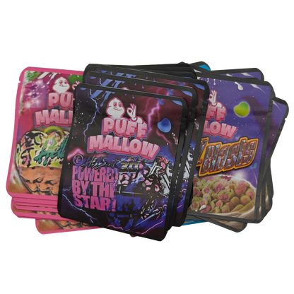 32 Pack - 3.5g Thick Sticker Mylar Bags - Premium Smell Proof Packaging Mix - Puff Mallow Asst