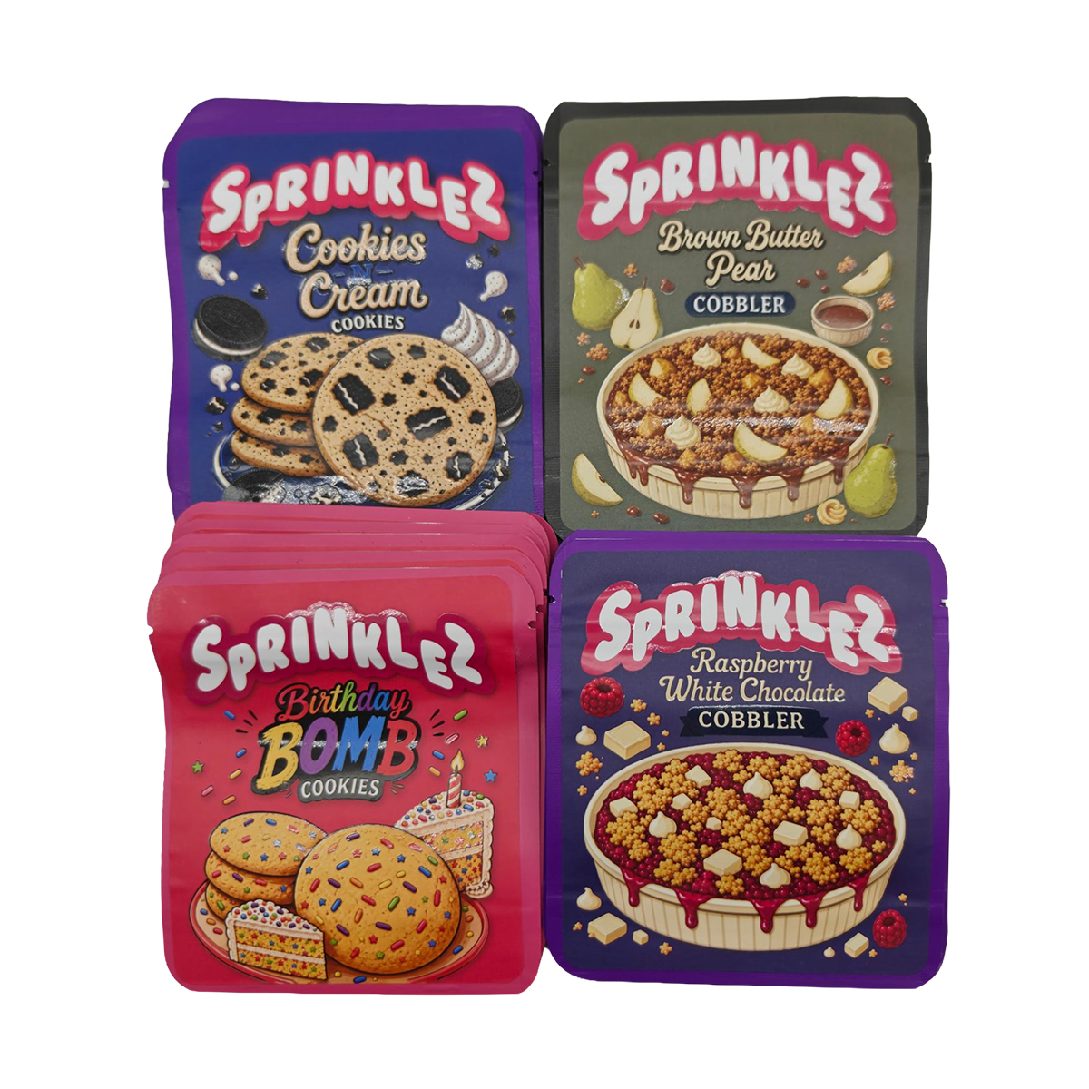 32 Pack - 3.5g Thick Sticker Mylar Bags - Premium Smell Proof Packaging Mix - Sprinklez Cookies