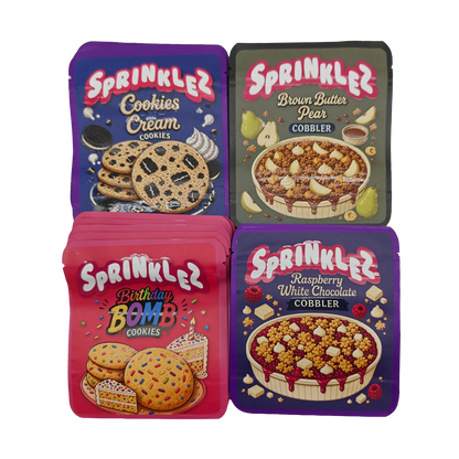 32 Pack - 3.5g Thick Sticker Mylar Bags - Premium Smell Proof Packaging Mix - Sprinklez Cookies
