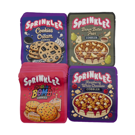 32 Pack - 3.5g Thick Sticker Mylar Bags - Premium Smell Proof Packaging Mix - Sprinklez Cookies