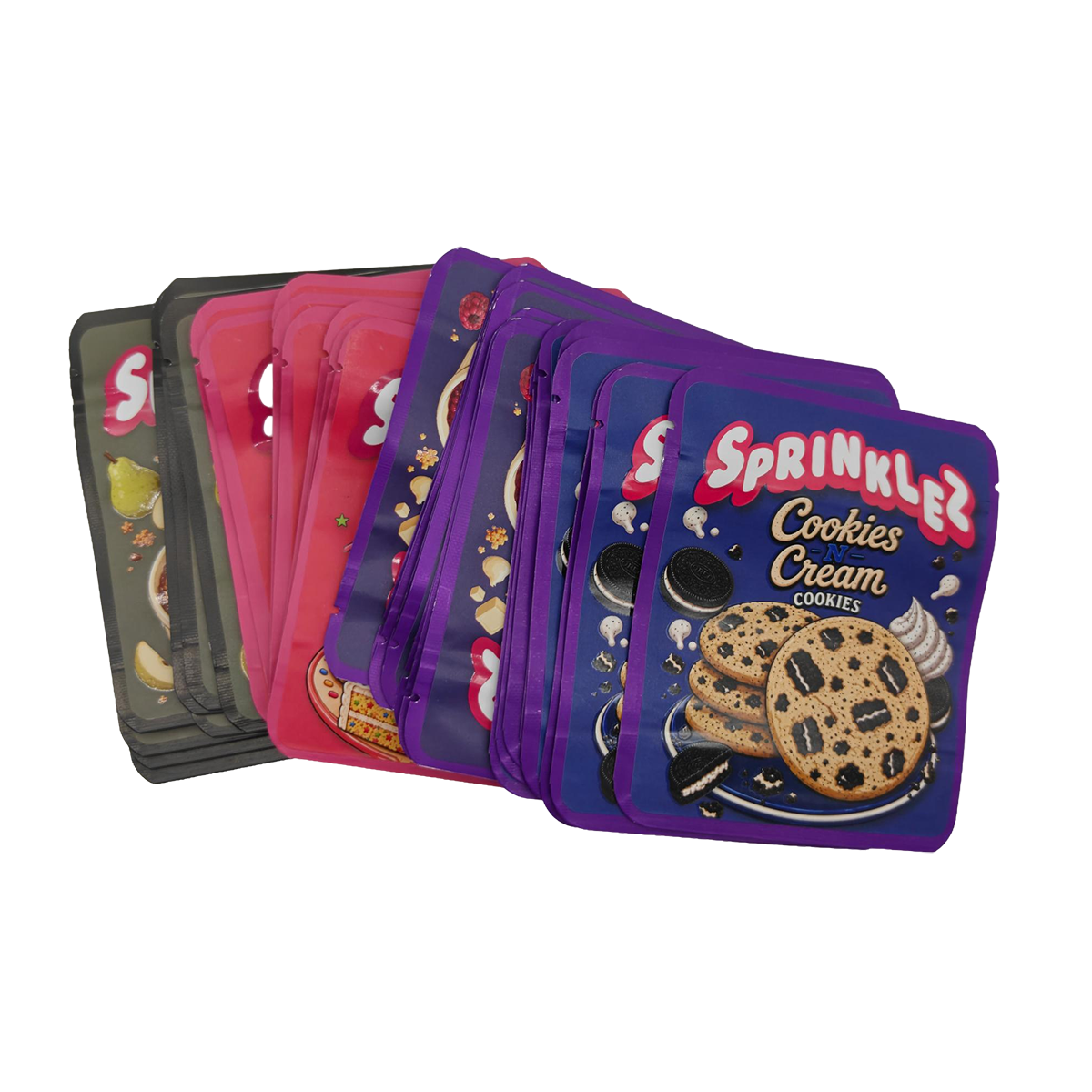 32 Pack - 3.5g Thick Sticker Mylar Bags - Premium Smell Proof Packaging Mix - Sprinklez Cookies