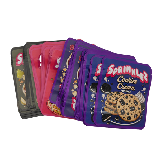 32 Pack - 3.5g Thick Sticker Mylar Bags - Premium Smell Proof Packaging Mix - Sprinklez Cookies