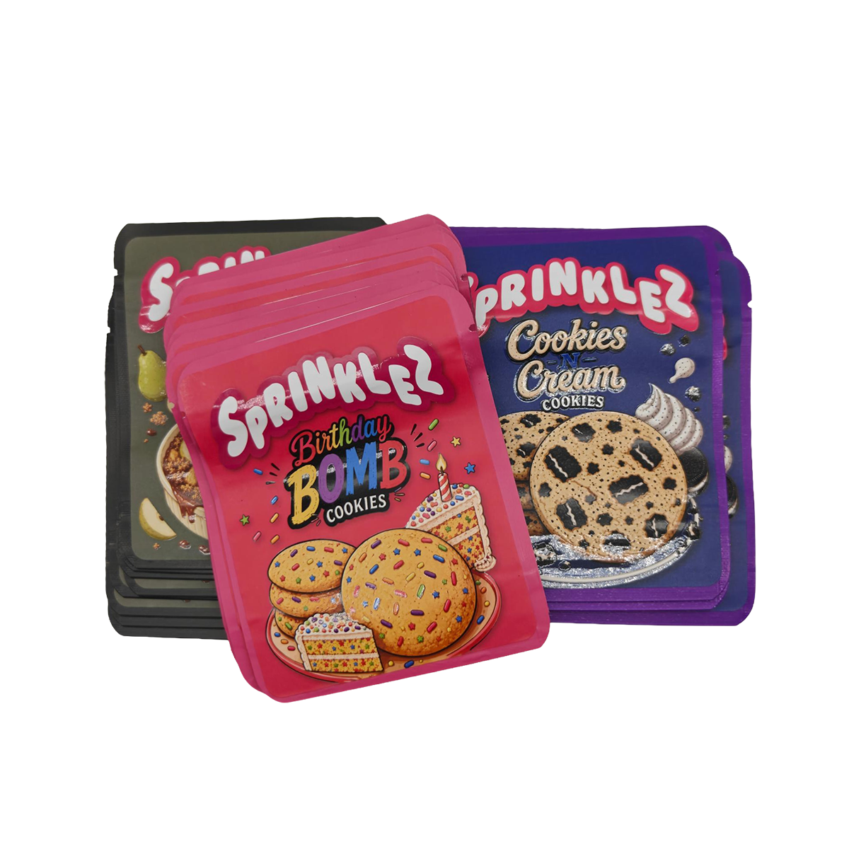 32 Pack - 3.5g Thick Sticker Mylar Bags - Premium Smell Proof Packaging Mix - Sprinklez Cookies