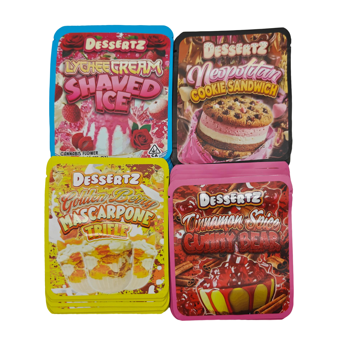 32 Pack - 3.5g Thick Sticker Mylar Bags - Premium Smell Proof Packaging Mix - Dessertz Unique Set
