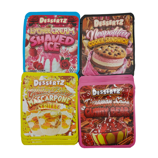 32 Pack - 3.5g Thick Sticker Mylar Bags - Premium Smell Proof Packaging Mix - Dessertz Unique Set