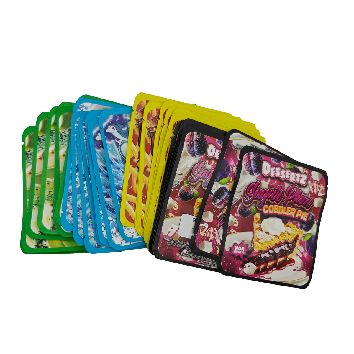 32 Pack - 3.5g Thick Sticker Mylar Bags - Premium Smell Proof Packaging Mix - Dessertz Unique Set