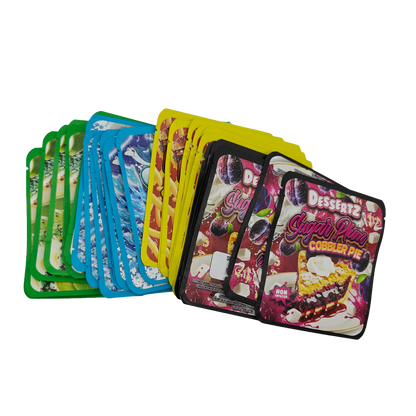 32 Pack - 3.5g Thick Sticker Mylar Bags - Premium Smell Proof Packaging Mix - Dessertz Unique Set