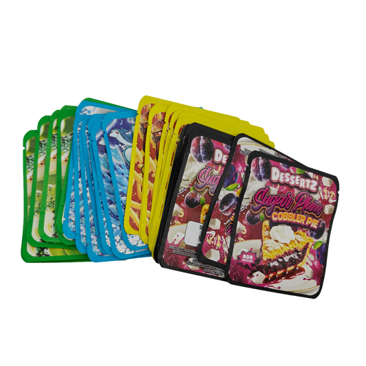 32 Pack - 3.5g Thick Sticker Mylar Bags - Premium Smell Proof Packaging Mix - Dessertz Unique Set