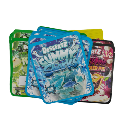 32 Pack - 3.5g Thick Sticker Mylar Bags - Premium Smell Proof Packaging Mix - Dessertz Unique Set