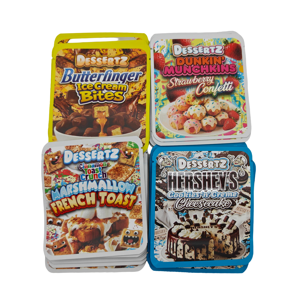 32 Pack - 3.5g Thick Sticker Mylar Bags - Premium Smell Proof Packaging Mix - Dessertz Sweets Set