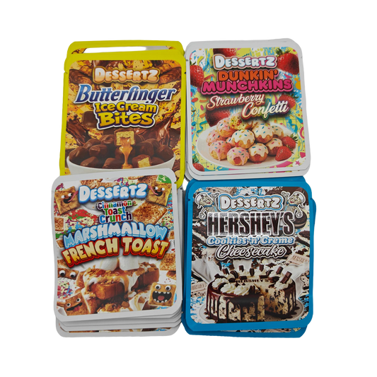 32 Pack - 3.5g Thick Sticker Mylar Bags - Premium Smell Proof Packaging Mix - Dessertz Sweets Set