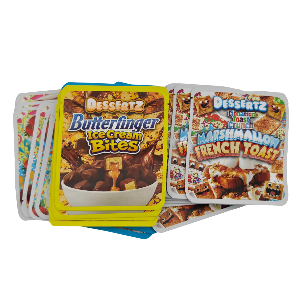 32 Pack - 3.5g Thick Sticker Mylar Bags - Premium Smell Proof Packaging Mix - Dessertz Sweets Set