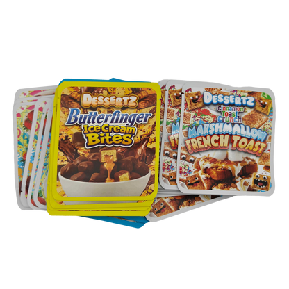 32 Pack - 3.5g Thick Sticker Mylar Bags - Premium Smell Proof Packaging Mix - Dessertz Sweets Set