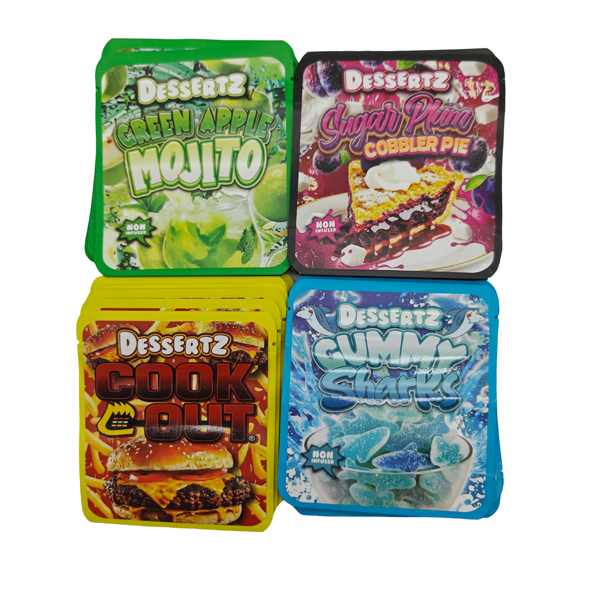 32 Pack - 3.5g Thick Sticker Mylar Bags - Premium Smell Proof Packaging Mix - Dessertz Wild Set