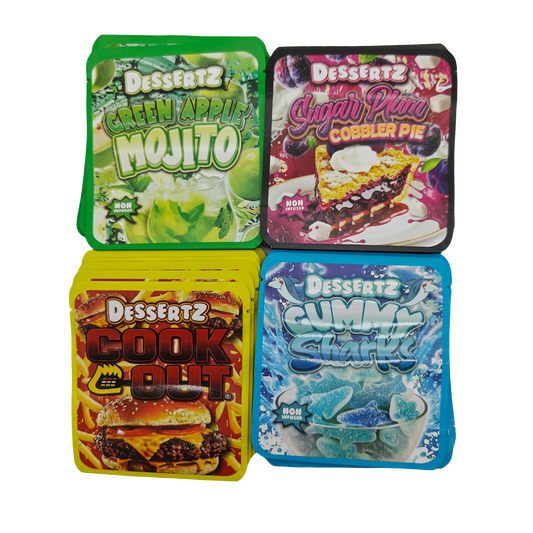 32 Pack - 3.5g Thick Sticker Mylar Bags - Premium Smell Proof Packaging Mix - Dessertz Wild Set