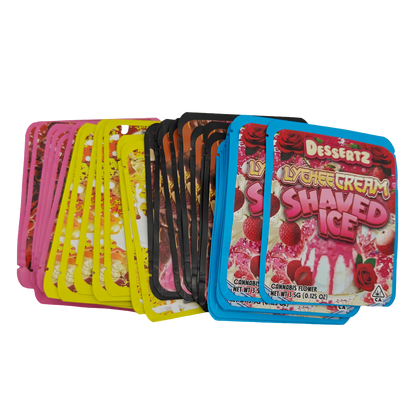 32 Pack - 3.5g Thick Sticker Mylar Bags - Premium Smell Proof Packaging Mix - Dessertz Wild Set