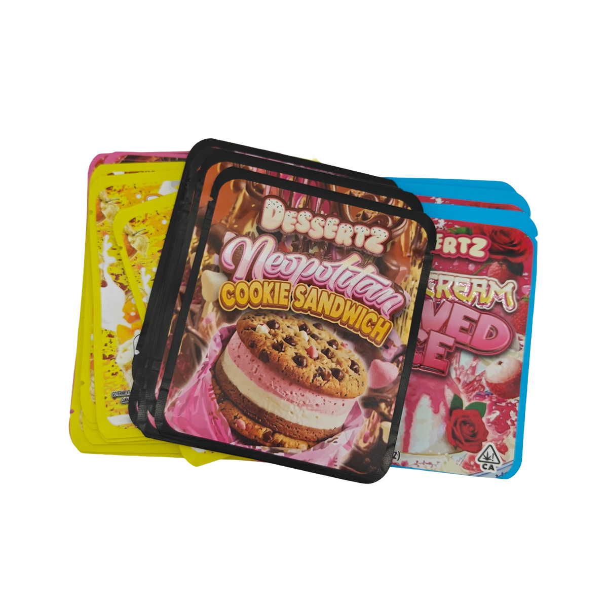 32 Pack - 3.5g Thick Sticker Mylar Bags - Premium Smell Proof Packaging Mix - Dessertz Wild Set