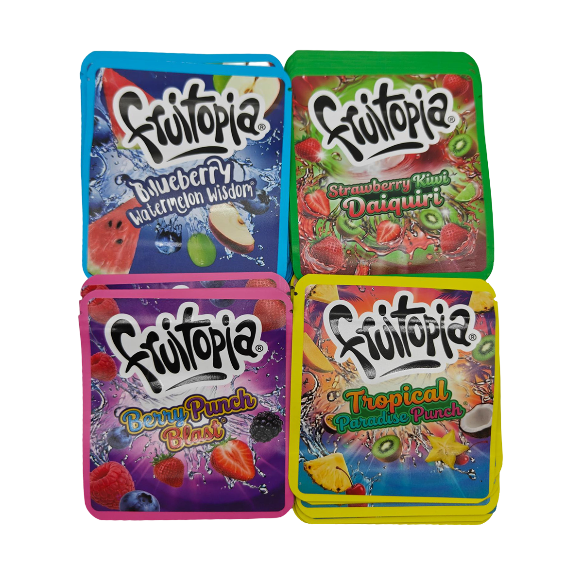 32 Pack - 3.5g Thick Sticker Mylar Bags - Premium Smell Proof Packaging Mix - Frutopia Drinks