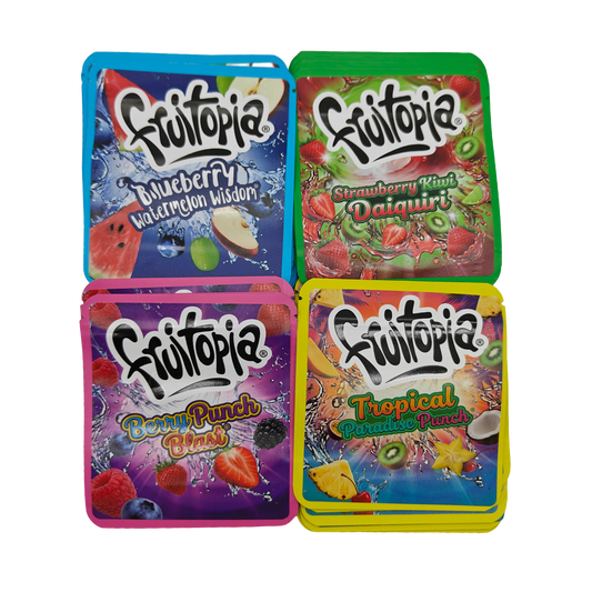 32 Pack - 3.5g Thick Sticker Mylar Bags - Premium Smell Proof Packaging Mix - Frutopia Drinks