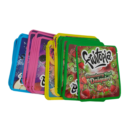 32 Pack - 3.5g Thick Sticker Mylar Bags - Premium Smell Proof Packaging Mix - Frutopia Drinks