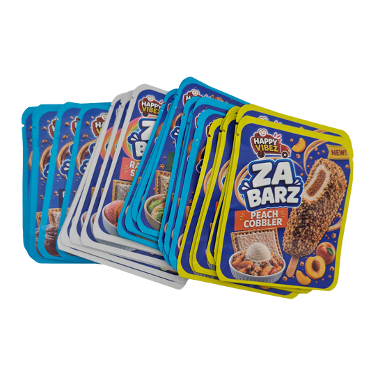 32 Pack - 3.5g Thick Sticker Mylar Bags - Premium Smell Proof Packaging Mix - Za Barz