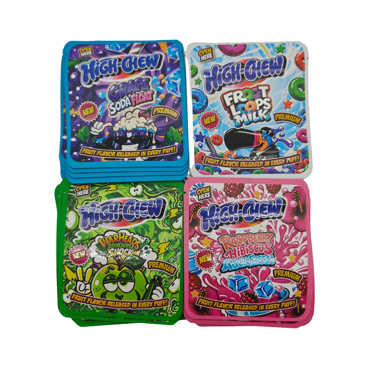 32 Pack - 3.5g Thick Sticker Mylar Bags - Premium Smell Proof Packaging Mix - Hi-Chew Candy
