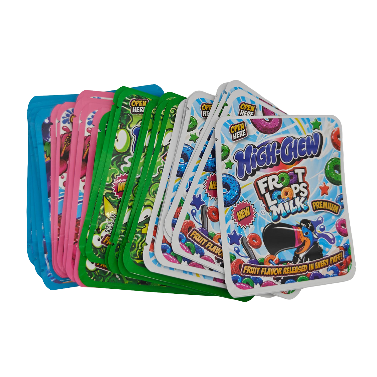 32 Pack - 3.5g Thick Sticker Mylar Bags - Premium Smell Proof Packaging Mix - Hi-Chew Candy