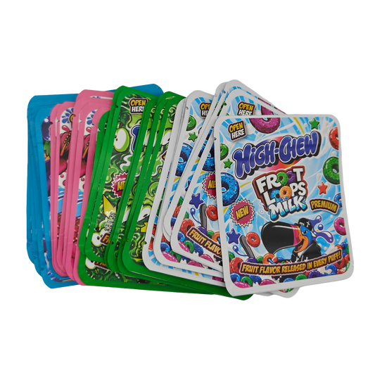 32 Pack - 3.5g Thick Sticker Mylar Bags - Premium Smell Proof Packaging Mix - Hi-Chew Candy
