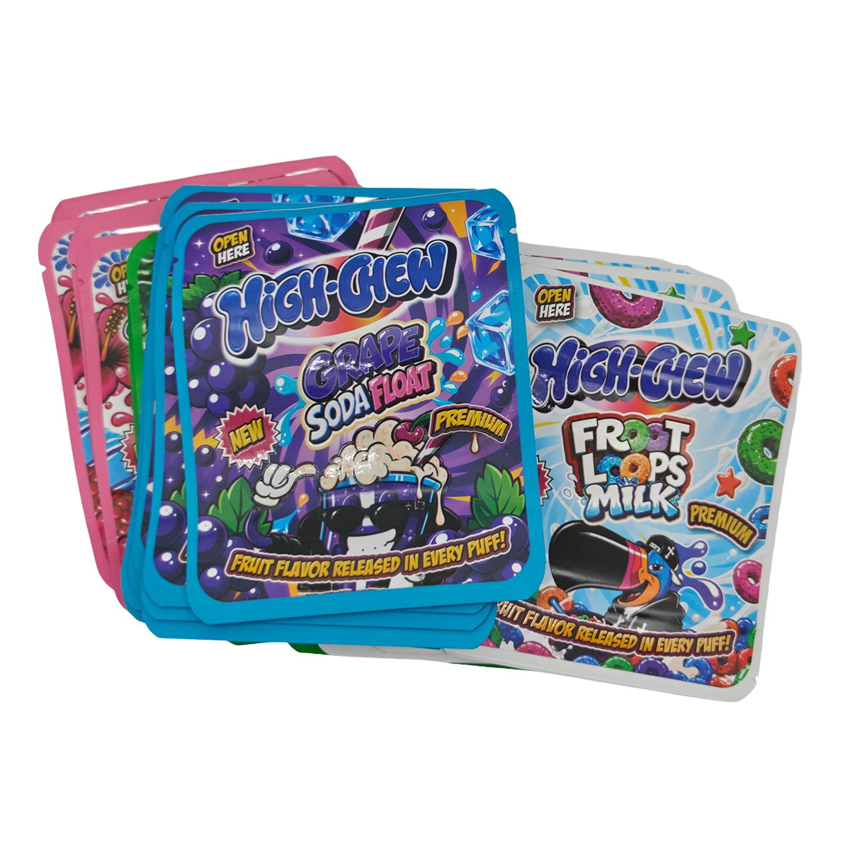 32 Pack - 3.5g Thick Sticker Mylar Bags - Premium Smell Proof Packaging Mix - Hi-Chew Candy