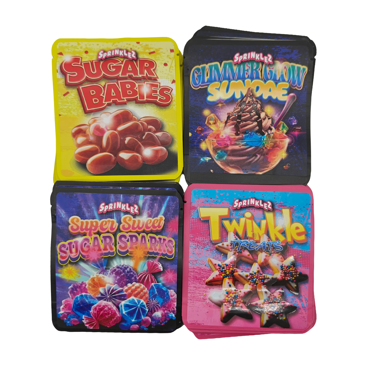32 Pack - 3.5g Thick Sticker Mylar Bags - Premium Smell Proof Packaging Mix - Sprinklez Exotic Set