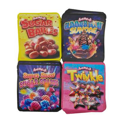 32 Pack - 3.5g Thick Sticker Mylar Bags - Premium Smell Proof Packaging Mix - Sprinklez Exotic Set