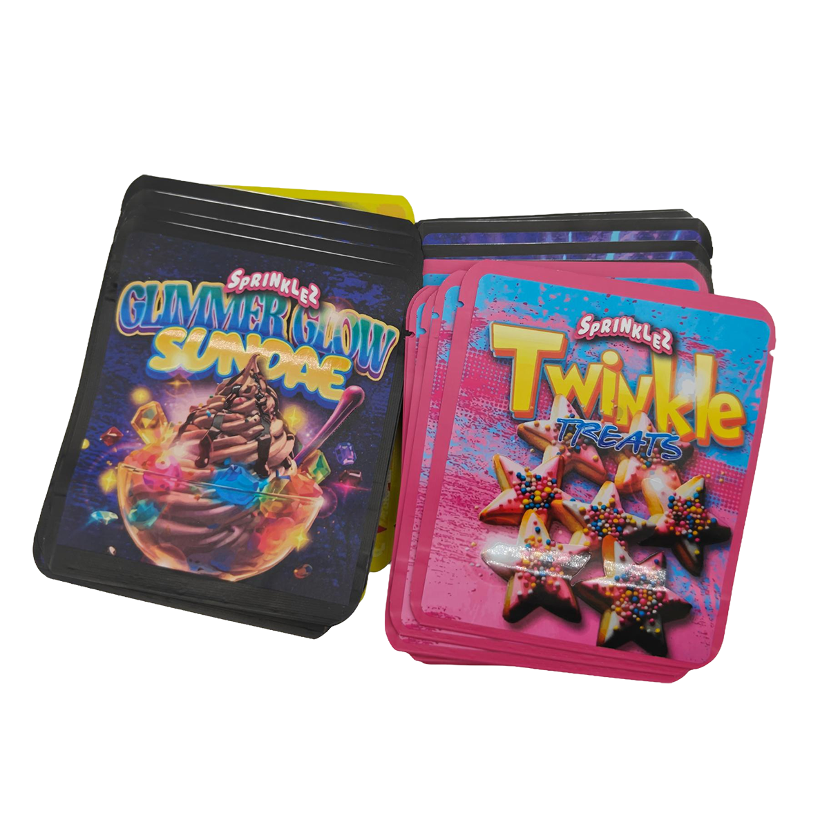 32 Pack - 3.5g Thick Sticker Mylar Bags - Premium Smell Proof Packaging Mix - Sprinklez Exotic Set