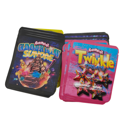32 Pack - 3.5g Thick Sticker Mylar Bags - Premium Smell Proof Packaging Mix - Sprinklez Exotic Set