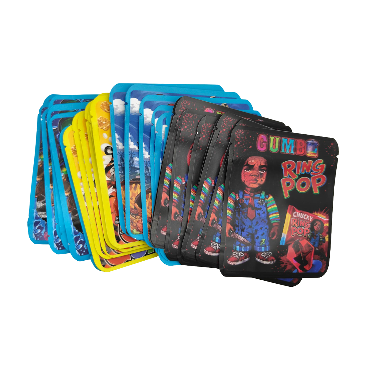 32 Pack - 3.5g Thick Sticker Mylar Bags - Premium Smell Proof Packaging Mix - Gumbo Set