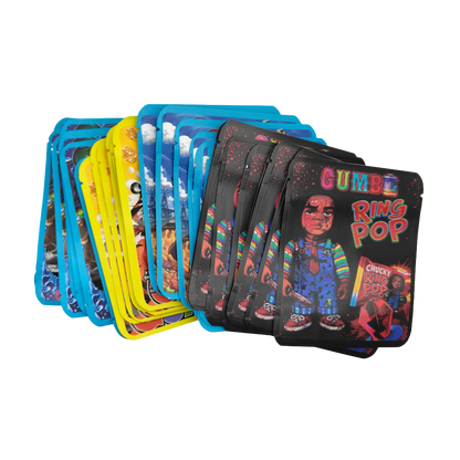32 Pack - 3.5g Thick Sticker Mylar Bags - Premium Smell Proof Packaging Mix - Gumbo Set