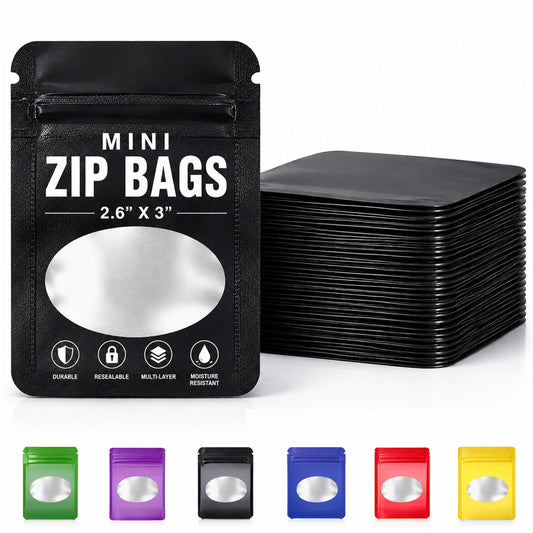 100 Pack - Mini Solid Color Zip-Seal Foil Pouches (2.6"x3") Oval Style Selection