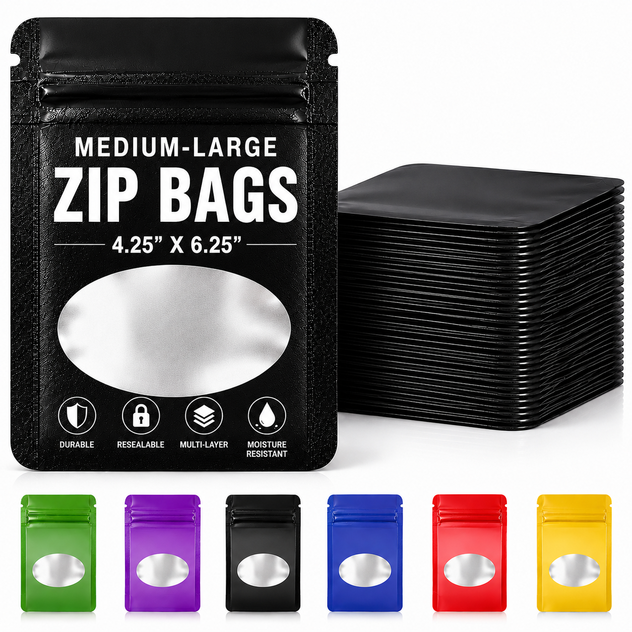 50 Pack - Med-Large Solid Color Zip-Seal Foil Pouches (4.25"x6.25") Oval Window Selection