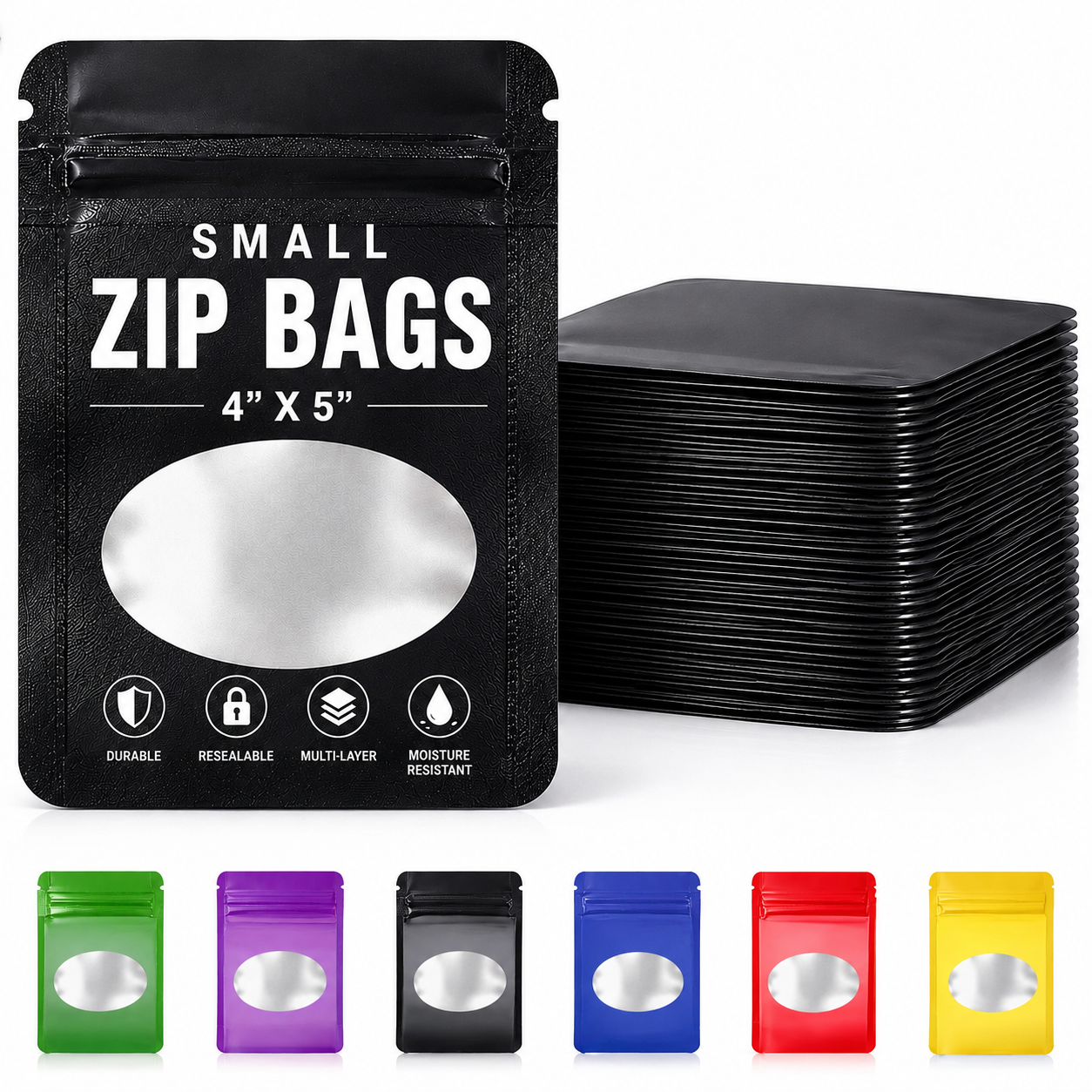 50 Pack - Small Solid Color Zip-Seal Foil Pouches (4"x5") Oval Style Selection