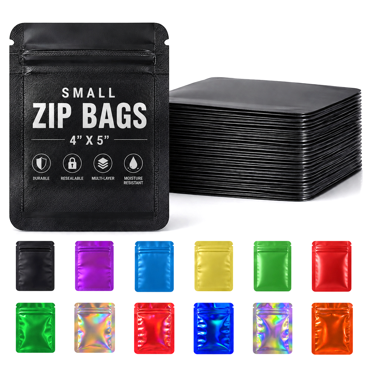 50 Pack - Small Solid Color Zip-Seal Foil Pouches (4" x 5")  12 Color Options