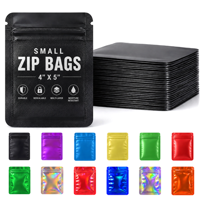 50 Pack - Small Solid Color Zip-Seal Foil Pouches (4" x 5")  12 Color Options