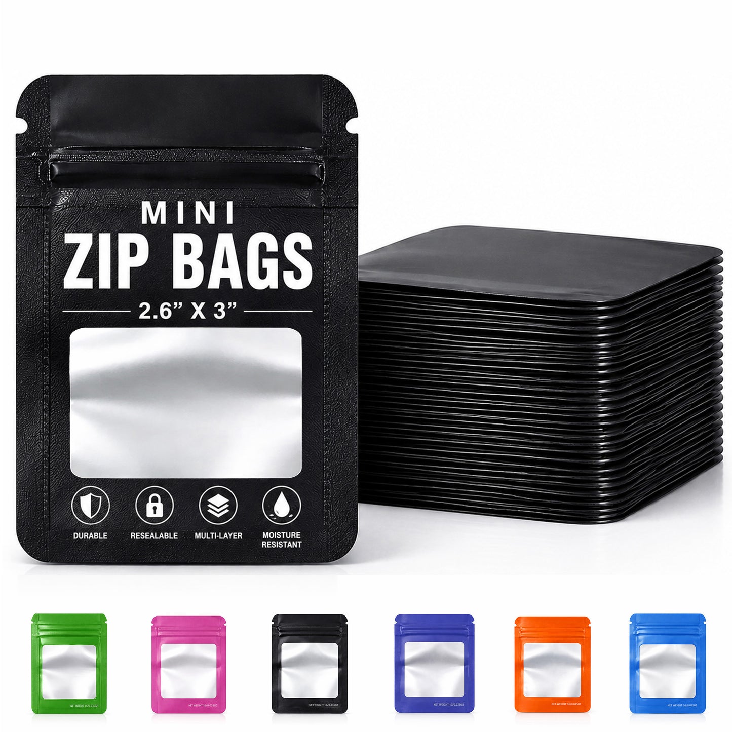 100 Pack - Mini Solid Color Zip-Seal Foil Pouches (2.6"x3.") Square Style Selection