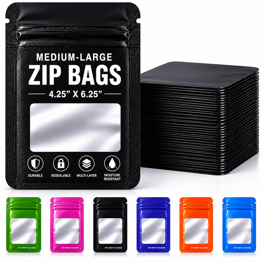 50 Pack - Med-Large Solid Color Zip-Seal Foil Pouches (4.25"x6.25") Square Style Selection