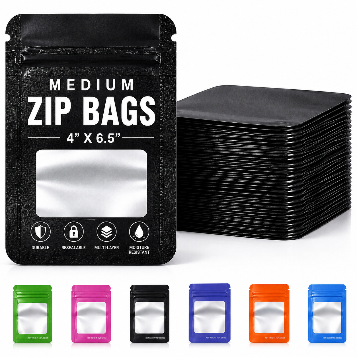 50 Pack - Medium Solid Color Zip-Seal Foil Pouches (4"x6.5") Square Style Selection