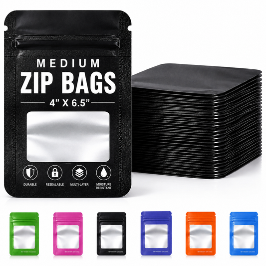 50 Pack - Medium Solid Color Zip-Seal Foil Pouches (4"x6.5") Square Style Selection