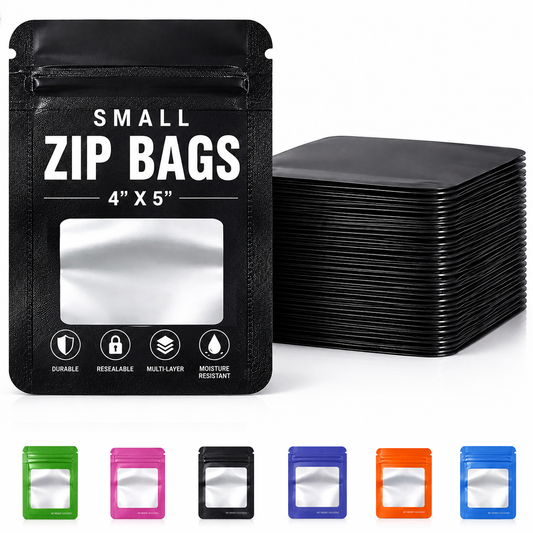 50 Pack - Small Solid Color Zip-Seal Foil Pouches (4"x5") Square Style Selection