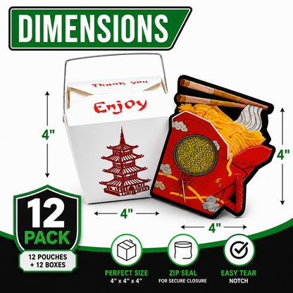 12 Pack Takeout Box with Noodle Storage Pouches – Choose Your Design