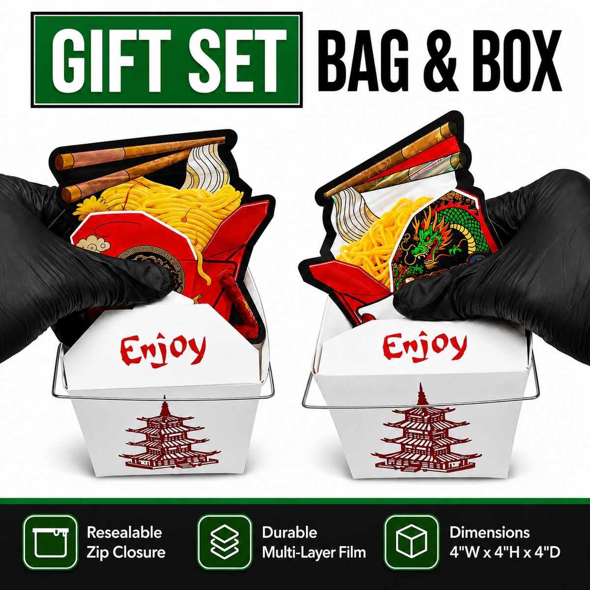 12 Pack Takeout Box with Noodle Storage Pouches – Choose Your Design
